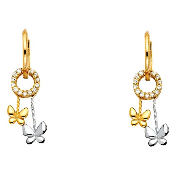 New Solid Real 14K Gold 2 tone CZ Hanging Huggies Butterfly Earrings